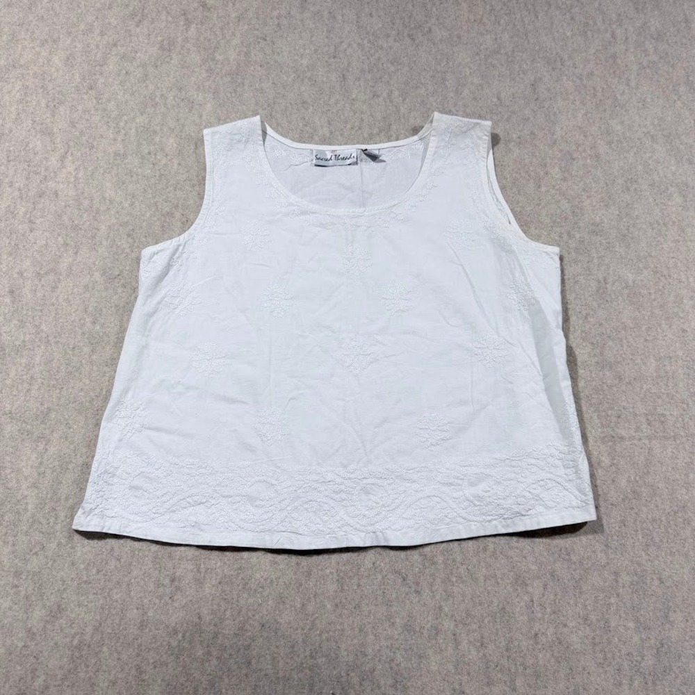 Sacred Threads Tank Top Wmn M/L White Cotton Boho Embroidered Floral Sleeveless